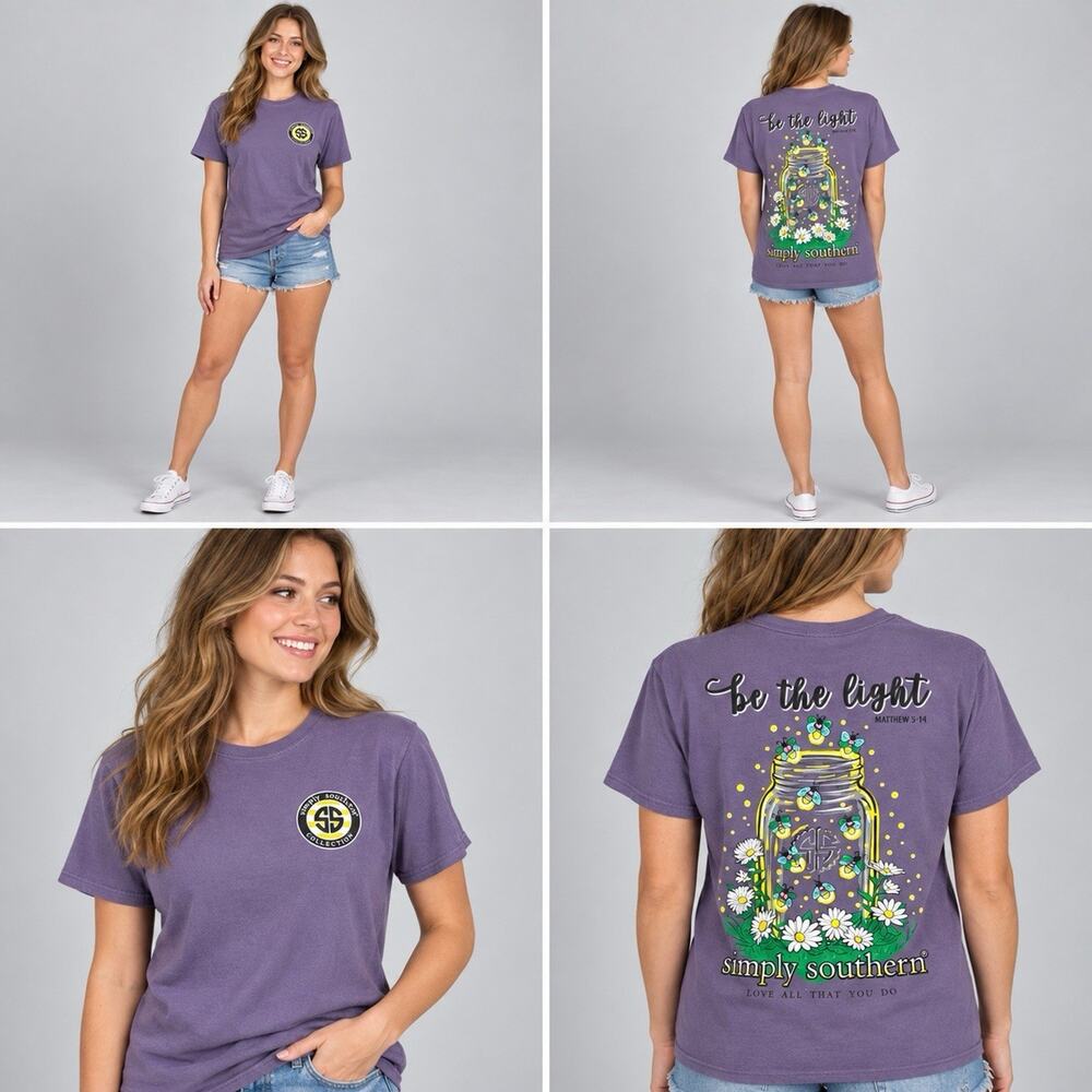 Simply Southern Women’s Small Purple Be The Light Firefly Graphic T-Shirt